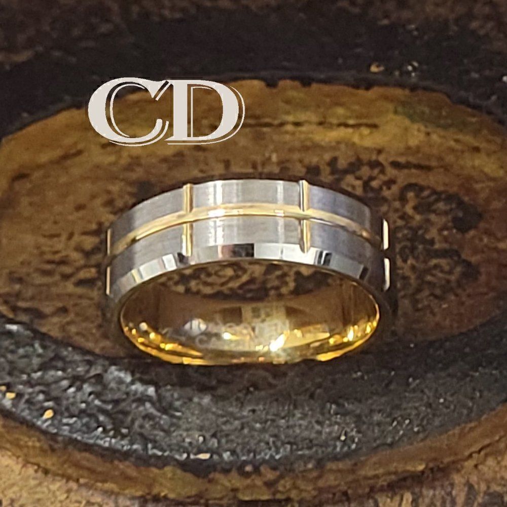 Men's Real Tungsten Wedding Ring Brushed Steel 14k Gold Grooves - Guy's Ring